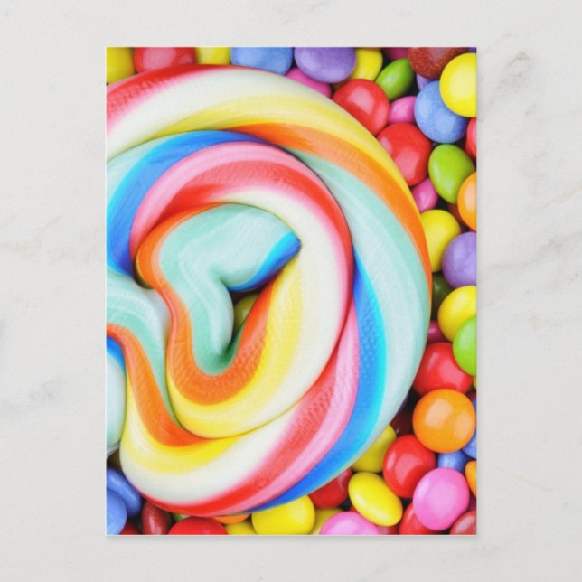 Striped Lollipop And Multicolored Smarties Postcard (Front)