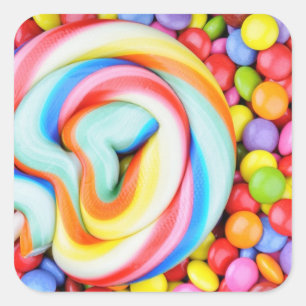 Striped Lollipop And Multicolored Smarties Square Sticker