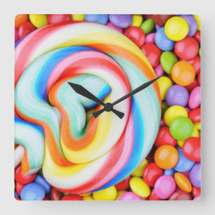 Striped Lollipop And Multicolored Smarties Square Wall Clock