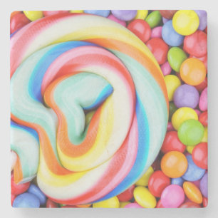 Striped Lollipop And Multicolored Smarties Stone Coaster