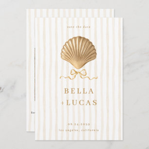 Striped Luxurious Coastal Gold Seashell Wedding Save The Date