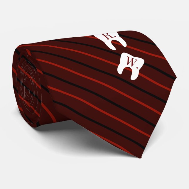 Striped Maroon Dentistry Initialised Teeth Tie (Rolled)
