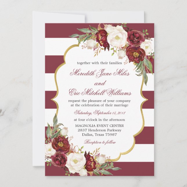 Striped Marsala Floral Wedding Invitation (Front)