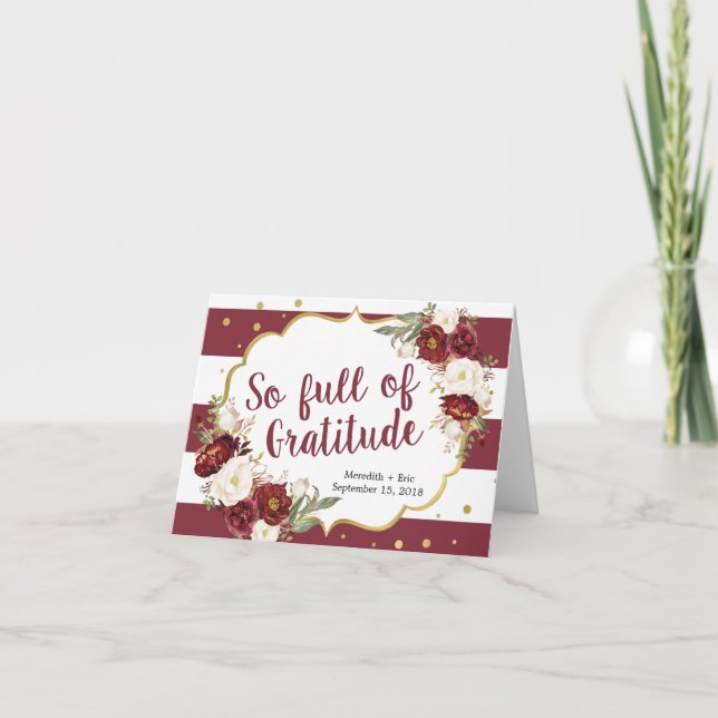 Striped Marsala Floral Wedding Thank You Card (Front)