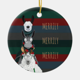 Striped "Merrily Merrily Merrily" Winter Animals Ceramic Tree Decoration