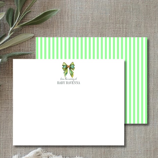 Striped Mint Green Bow Cute Nursery Note Card (Creator Uploaded)