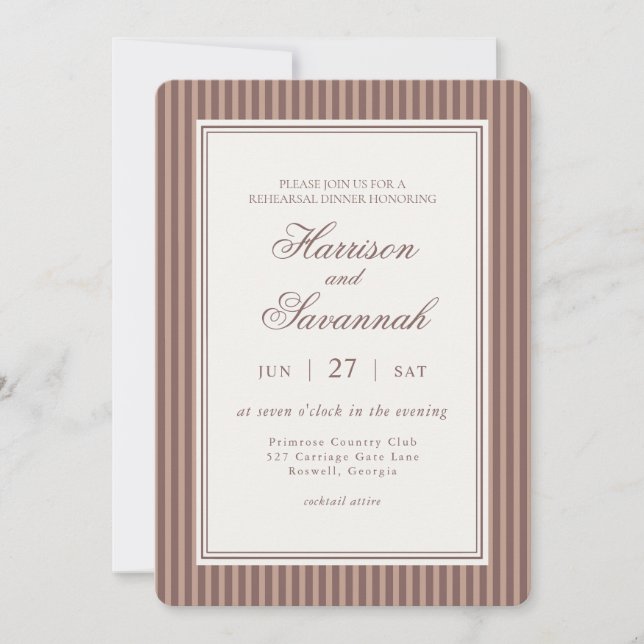 Striped Mocha Brown Espresso Rehearsal Dinner Invitation (Front)