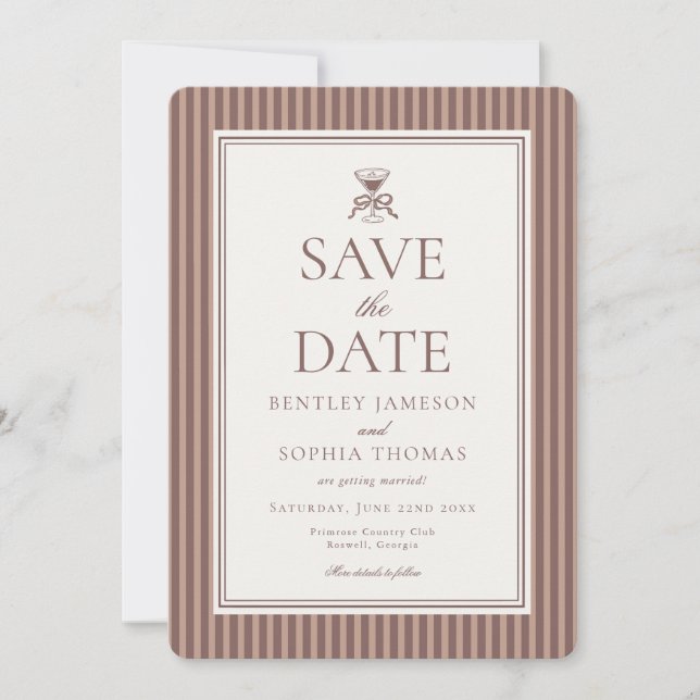 Striped Mocha Brown Espresso Save the Date Invitation (Front)