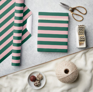 Striped Modern Christmas Holiday Green Pink Wrapping Paper