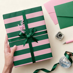 Striped Modern Christmas Holiday Green Pink Wrapping Paper