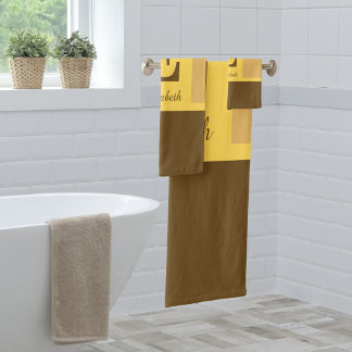 Striped Modern Elegant Yellow Brown Monogram Bath Towel Set