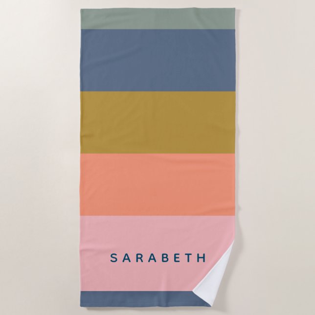 Striped Modern Simple Multicolored Personalised Beach Towel (Front)