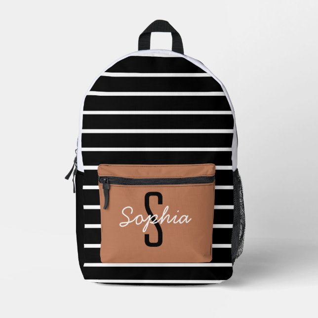 striped monogram hand script name black caramel printed backpack (Front)