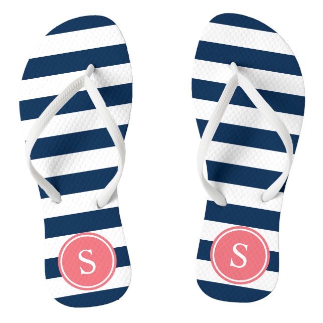 Striped Monogram in Coral & Navy Flip Flops (Footbed)