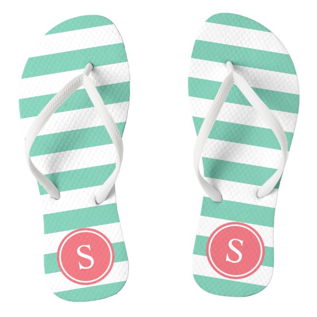 Striped Monogram in Coral & Sea Foam Flip Flops (Footbed)