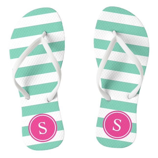Striped Monogram in Sea Foam & Pink Flip Flops (Footbed)