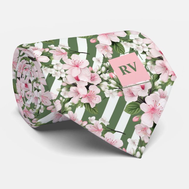 Striped Monogrammed Cherry Blossom Floral Tie (Rolled)