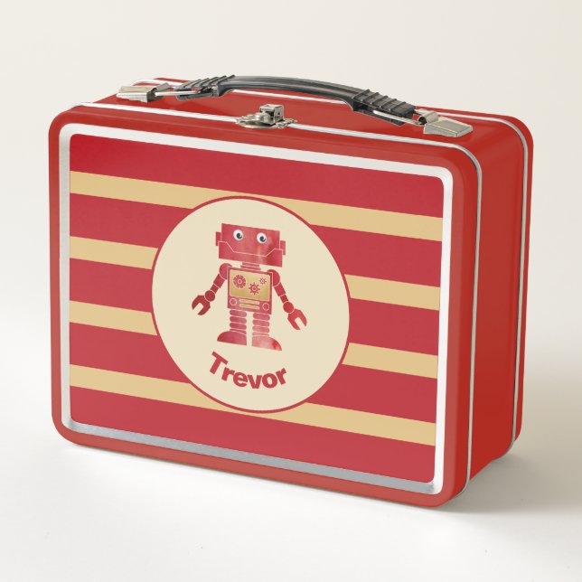 Striped Monogrammed Red Gold Robot with Name Metal Lunch Box (Front)