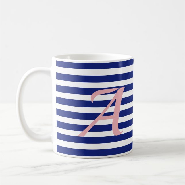 Striped Mug Blue White Customisable Personalise (Left)