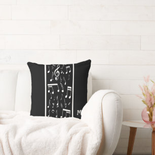 Striped Music Notes Black and White Cushion