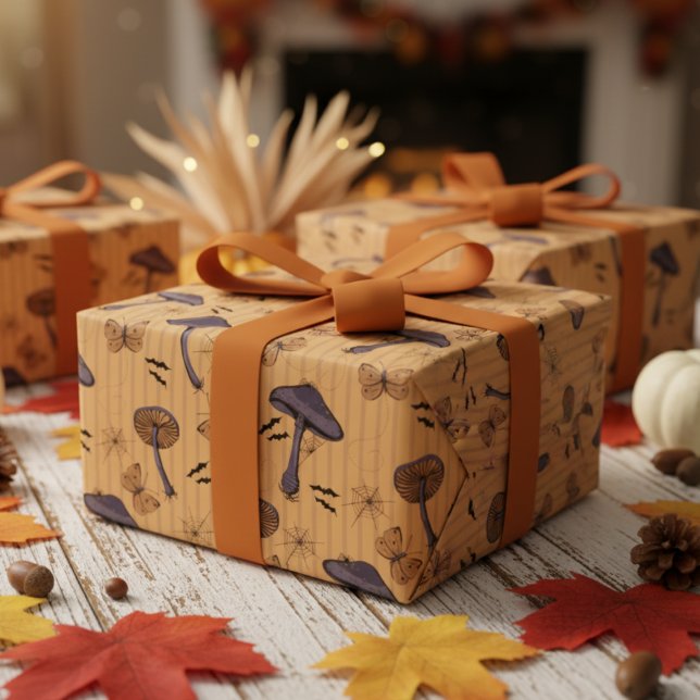 Striped Mustard Halloween Mushroom and Butterfly Wrapping Paper (Burnt Orang Fall Striped Autumn Birthday, Halloween Wrapping Paper. Mushrooms, Butterflies, Bats)