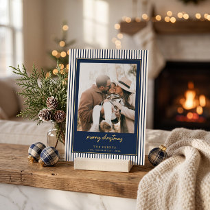 Striped Navy Blue Merry Christmas Photo Foil Holiday Card