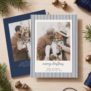 Striped Navy Blue Merry Christmas Photo Holiday Card
