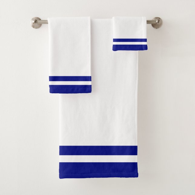 Striped Navy Blue & White Bath Towel Set (Insitu)