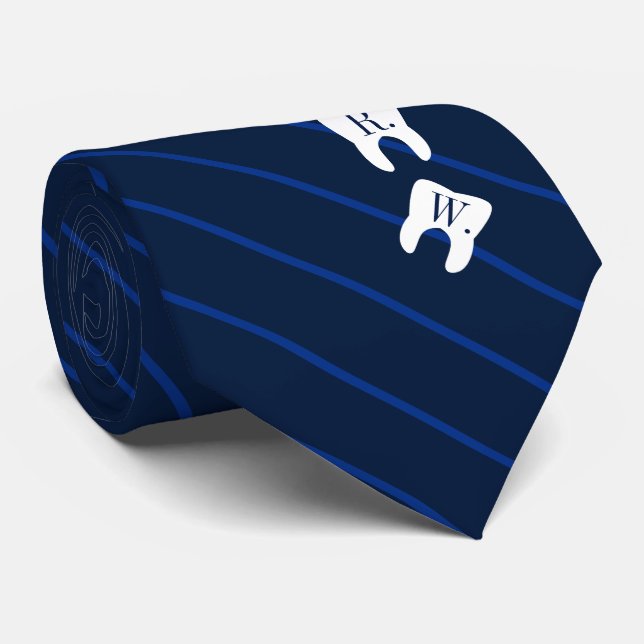 Striped Navy Dentistry Initialised Teeth Tie (Rolled)