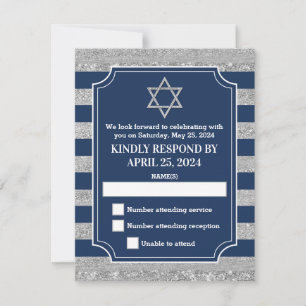 Striped Navy, Grey Bar Mitzvah RSVP Card