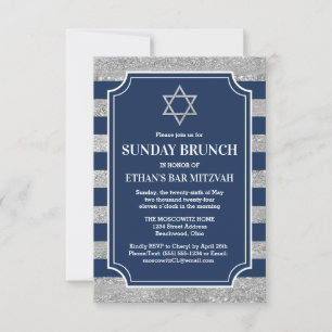 Striped Navy Grey Bar Mitzvah Star of David Brunch Invitation