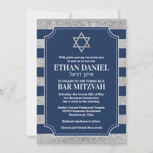 Striped Navy, Grey Bar Mitzvah Star of David Invitation