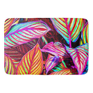 Striped Neon Leaves Design Bath Mat