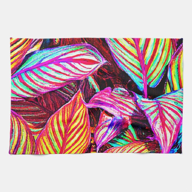 Striped Neon Leaves Design Tea Towel (Horizontal)