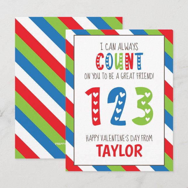 Striped Number Count Valentine's Cards (Front/Back)