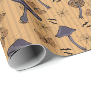 Striped Ochre Halloween Mushroom and Butterfly Wrapping Paper