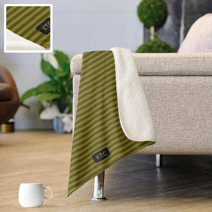 Striped Olive Green Knitted Look - Add initials to Sherpa Blanket