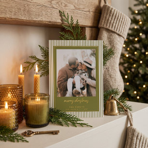 Striped Olive Green Merry Christmas Photo Foil Holiday Card