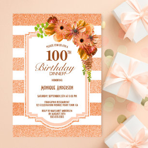Striped Orange Floral 100th Birthday Dinner Party Invitation