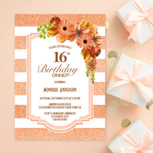 Striped Orange Floral 16th Birthday Dinner Party Invitation