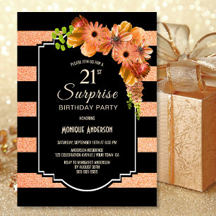 Striped Orange Floral Surprise 21st Birthday Party Invitation