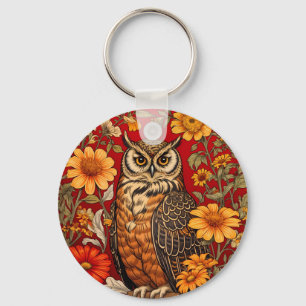 Striped Owl And Zinnia Flowers Key Ring