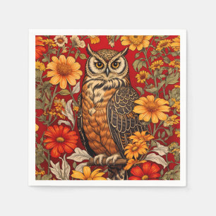Striped Owl And Zinnia Flowers Napkin