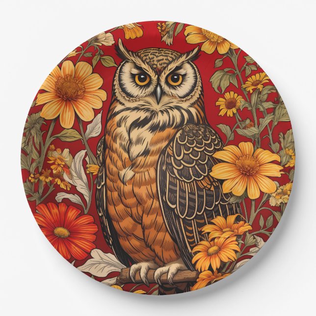 Striped Owl And Zinnia Flowers Paper Plate (Front)