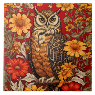 Striped Owl And Zinnia Flowers Tile