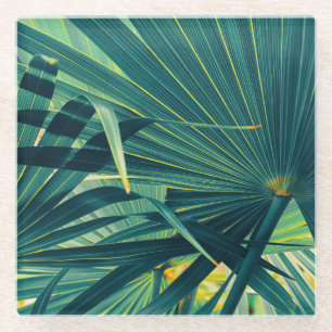 Striped Palm Leaf Toned Texture Glass Coaster