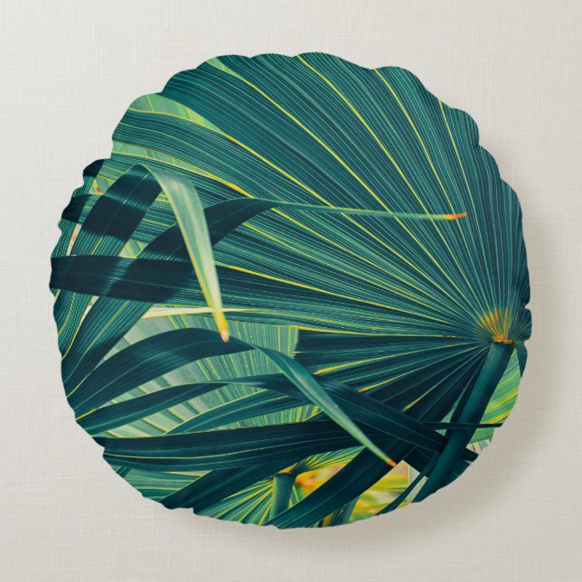 Striped Palm Leaf Toned Texture Round Cushion (Front)