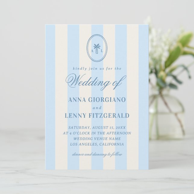 Striped Palm Tree Monogram Classy Beach Wedding Invitation (Standing Front)