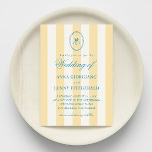 Striped Palm Tree Monogram Classy Beach Wedding Invitation