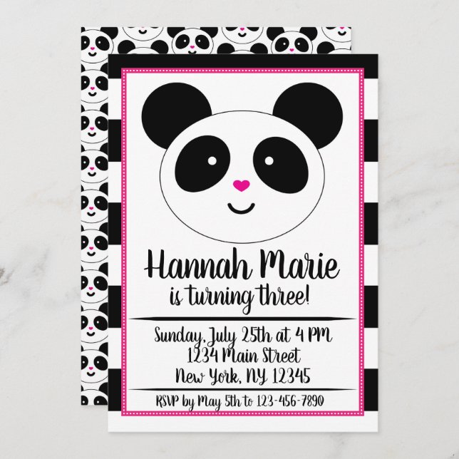 Striped Panda Party Birthday Invitation (Front/Back)
